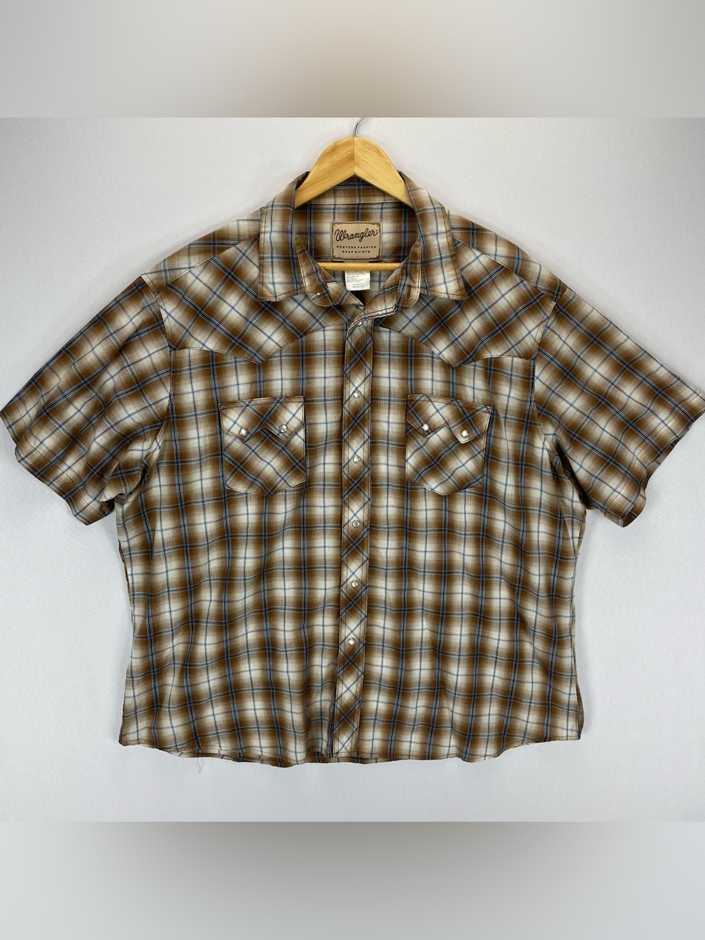 Wrangler Western Pearl Snap Shirt XXL Brown Plaid Short Sleeve Sawtooth Pockets
